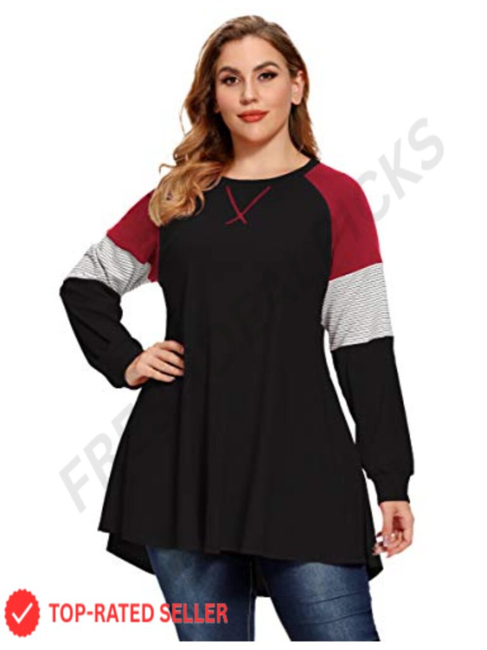 Plus Size Cotton Spandex Long Sleeve Tunic Sweatshirt with Striped Sleeves